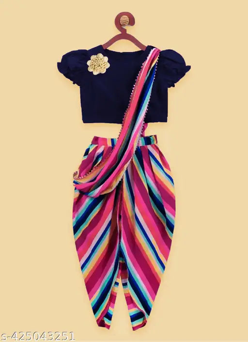 Kids baby girl printed dhoti clothing set, cotton georgette with stripe pattern, comfortable 1-9 years dress, Indian origin