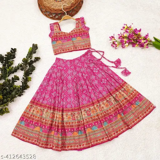Kids blue rayon lehenga choli with separate blouse pis, ethnic motif print, sleeveless, 2-3 years size: 20in waist, 21in length