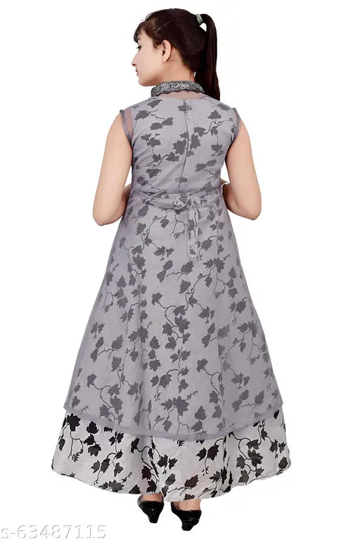 Gray net printed sarak gown for party wear, sleeveless and single size 3-4 years