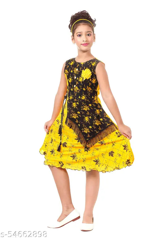 Girl's cotton partywear frock dress combo for kids clothing, colorful yellow and red, sizes 612 months to 78 years
