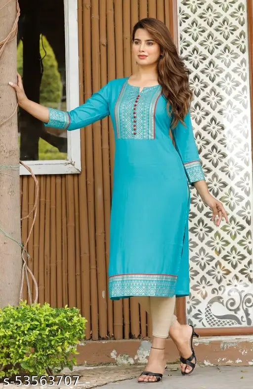 Indian Rayon Straight A-line Kurti, Solid color, three-quarter sleeves, M(38in/42in), L(40in/44in), XL(42in/48in), XXL(44in/50in)