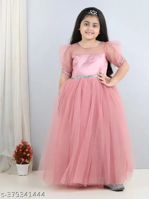 Dusty rose net party dress for kids, embellished with toy balloon design, short sleeves, full length, suitable for ages 1-2 years and 2-3 years
