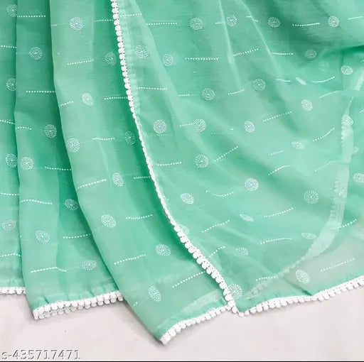 Chiffon lace border saree with solid net pattern, embellished and self-designed cotton blouse piece, trending chiffon saree, party wear for Diwali or Karwa Chauth