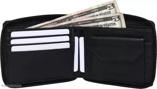 Black faux leather wallet for men & women, 4 card slots, RFID blocking technology, ethically sourced genuine leather, 2 compartments, solid pattern, free size (11cm x 9cm), coin pocket, zip fastening, slip pockets for receipts, cash section. Made in India