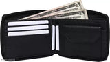 Black faux leather wallet for men & women, 4 card slots, RFID blocking technology, ethically sourced genuine leather, 2 compartments, solid pattern, free size (11cm x 9cm), coin pocket, zip fastening, slip pockets for receipts, cash section. Made in India