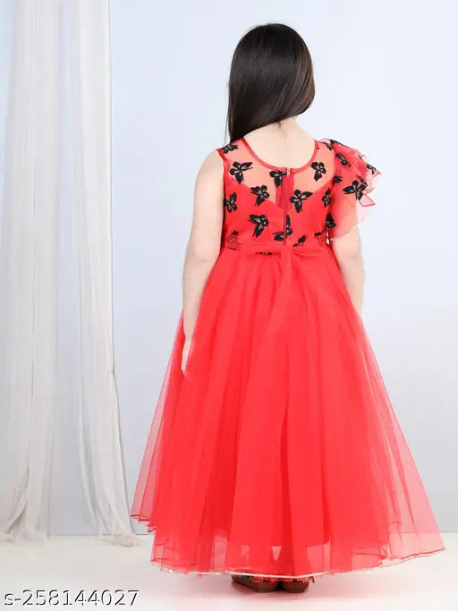 Red embellished net gown for kids party wear, featuring striking red bodice with eye-catching details. Perfect for special occasions like birthdays or holidays. Soft, comfortable fabric ensures all-day comfort. Size: 1-2 Years (Bust 22in, Length 28in), Made in India. #KidsFashion #PartyGown #GirlsStyle #RedDress #GlamorousWear #EmbellishedDress #CelebrateInStyle