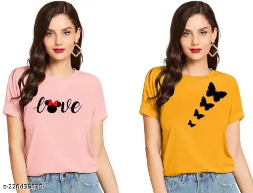 CINTIA Women's LOVE & Butterfly Printed 100% Cotton T-Shirts (Pack of 2), short sleeves, S-XL sizes