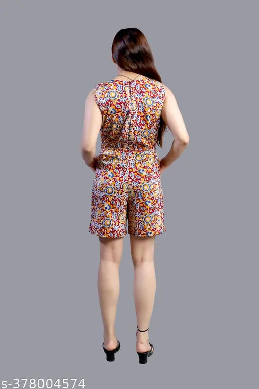Women's printed poly crepe sleeveless jumpsuit, self-design net pattern for women's fashion