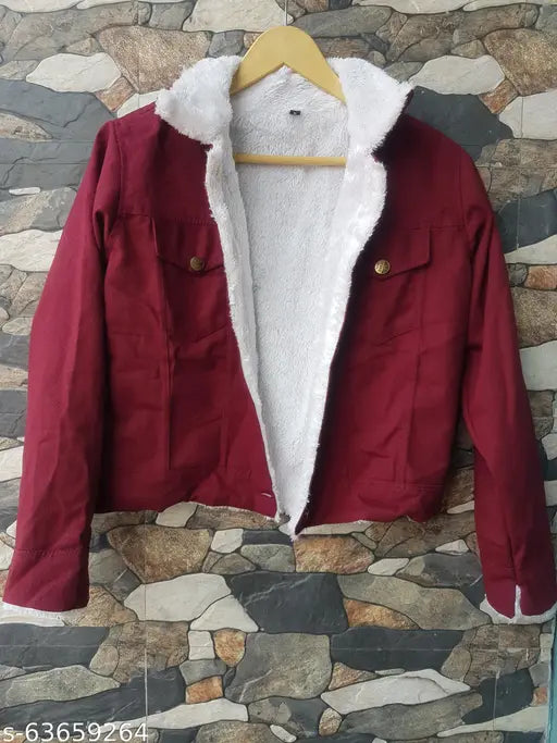 Maroon denim full fur warm jacket, Lusine Woman designer style for casual wear