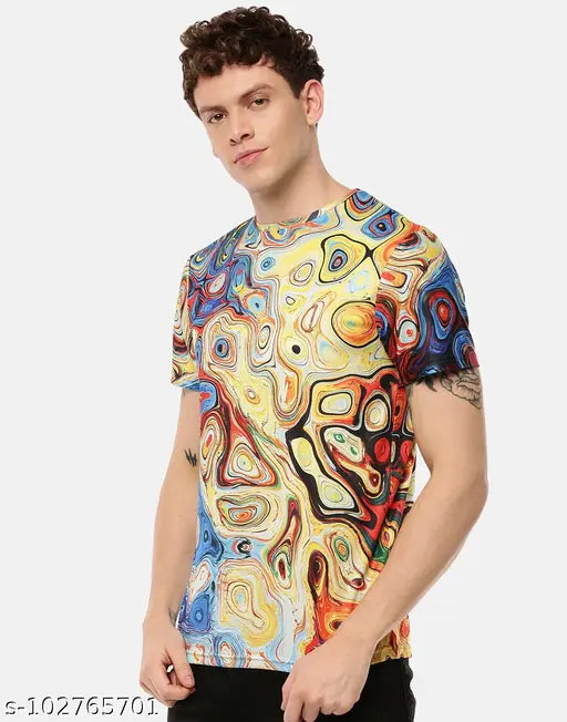 Vivid Colors Printed Men's Polyester T-shirt, short sleeves, vibrant design for fashionable S, M, L, XL sizes. Multicolor BODYMEDIA tee on display