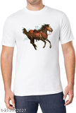 Horse printed white cotton blend t-shirt, short sleeves, ideal for casual wear