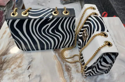 Black and white purse with gold chain, two pieces, trendy, women's fashion