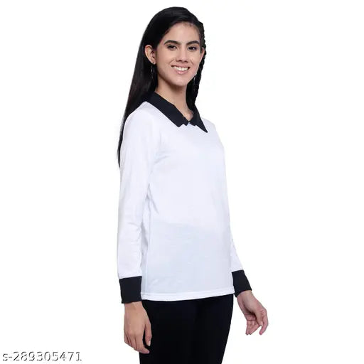 Women's solid white long-sleeve collared t-shirt, cotton blend from India