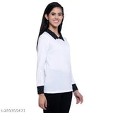 Women's solid white long-sleeve collared t-shirt, cotton blend from India
