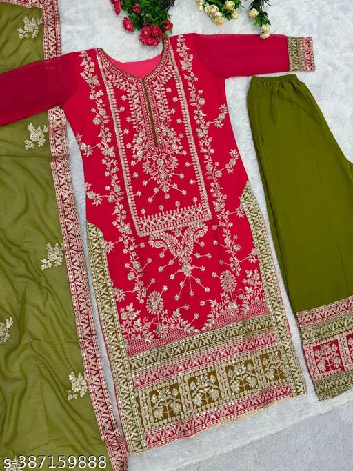 New Designer heavy faux Georgette Pakistani suit in embroidered style - Indian embellished kurta & bottomwear