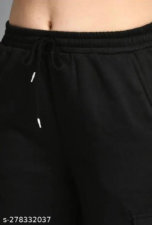 Black cotton women's cargo pants, elastic waistband