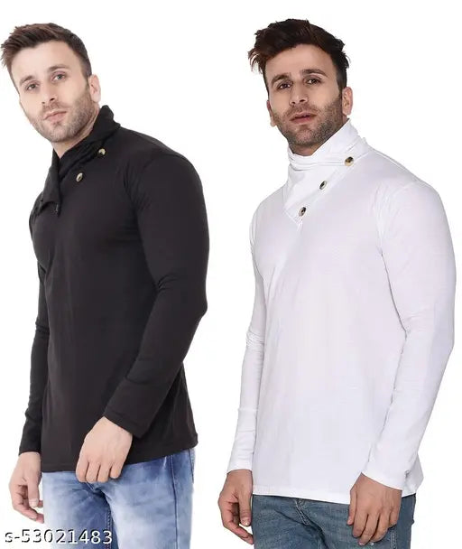 Multicolor cotton blend high neck long sleeves t-shirt, stylish and trendy, ideal for casual wear