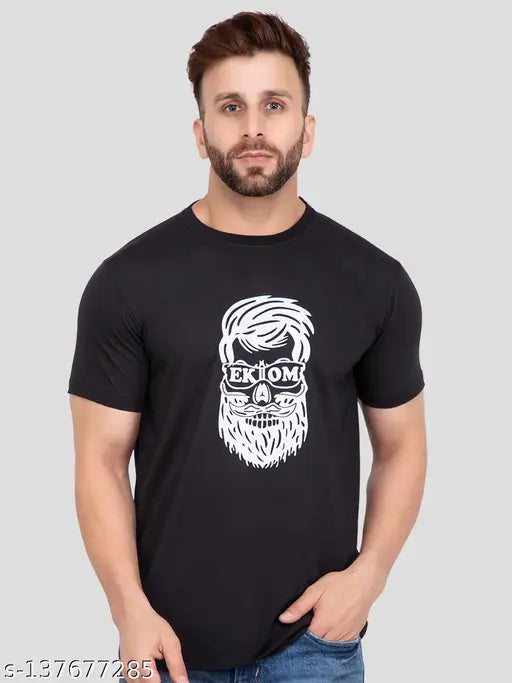 Black Cotton Blend Ekom Beard Man Half Sleeve T-Shirt - Printed pattern, premium quality, comfortable fit