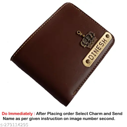 Dark brown faux leather personalized name wallet for men with charms, ideal for birthday and anniversary gifts