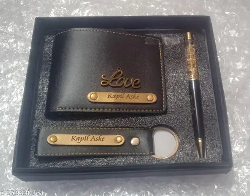 Black faux leather men's wallet and keychain set, personalized with name engraved, ideal for gifting
