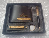 Black faux leather men's wallet and keychain set, personalized with name engraved, ideal for gifting