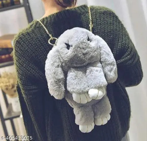 Gray plush rabbit shoulder bag with a chain and smooth zipper for girls