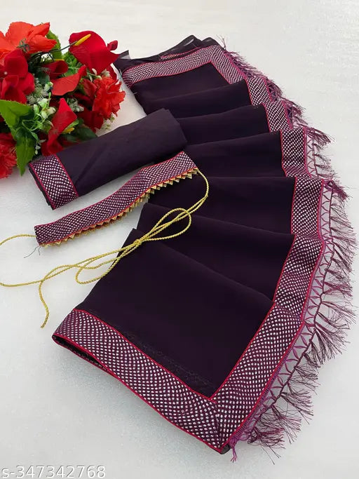 Shibori georgette silk saree with printed lace and blouse, long and flowing design