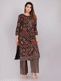 Black rayon kuti set with palazzos, printed and featuring three-quarter sleeves. Set includes sizes S to XXL, originating from India