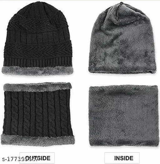 Black woolen winter cap with neck warmer combo - soft, unisex, ultra-soft woolen beanie plus muffler scarf