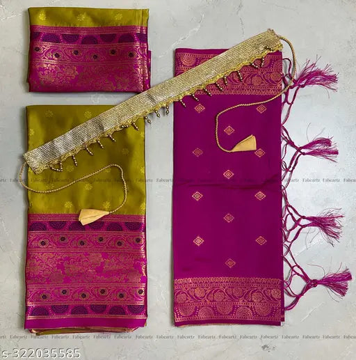 New Traditional Kids Half Saree in Litchi Silk, semi-stitched with short sleeves and tussled dupatta, free size, Indian origin