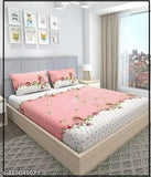 Pink premium cotton feel elastic fitted bedsheets for double bed, 180 TC supersoft, floral pattern, 72 x 78 + 10 inches, 2 king size pillow covers