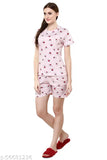 Mocha printed cotton shorts set for women, pink round neck night suit - Indian origin