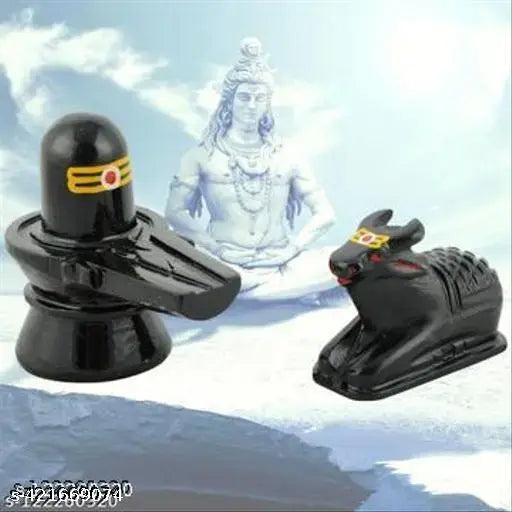 Marble black Shivling and Nandi combo, intricately carved Indian Shiva idols in 3x5cm dimensions