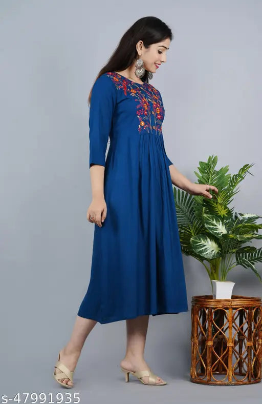 Rayon embroidered Anarkali kurti for women, 3/4 sleeves, vibrant Indian design in size S-XXXL