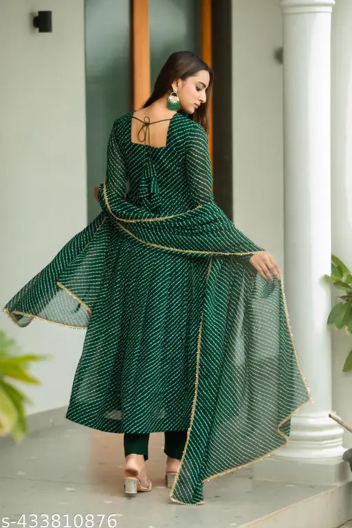 Green Georgette long-sleeved printed kurti with dupatta, casual-formal office wear for women