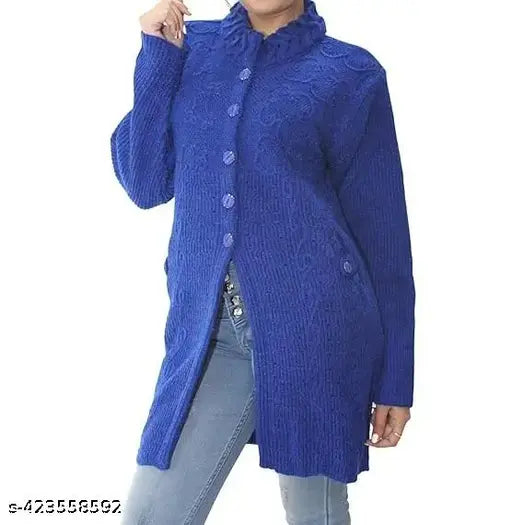 Women's woolen buttoned cardigan with pockets, long sleeves and embroidered net pattern. Woolen women's cardigan from India, shown on model