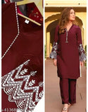 Marron Pakistani Chikankari coord set with embroidered pants, viscose rayon fabric, three-quarter sleeves