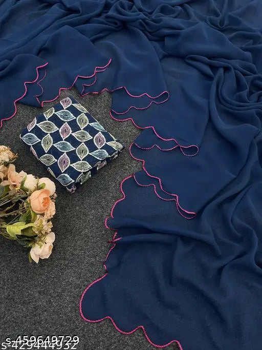 Navy satin saree with a georgette border and matching blouse