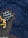Navy satin saree with a georgette border and matching blouse