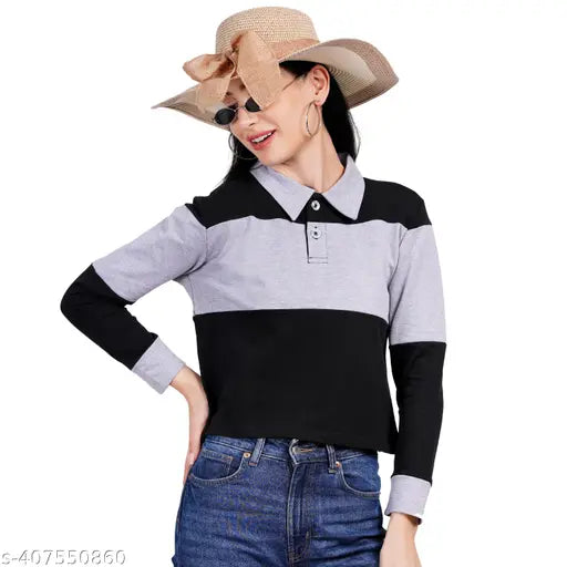 Cotton colorblocked long-sleeve women's t-shirt, classic collar, regular fit - India