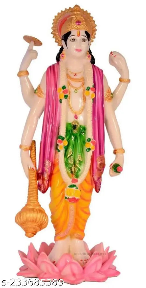 Polyresin Lord Vishnu statue, vibrant 8-inch Indian idol for pooja and gift, washable with long-lasting colors