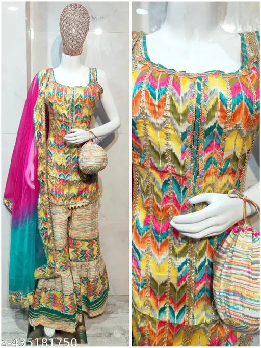 Colorful rayon embroidered kurta with dupatta, sharara-style skirt