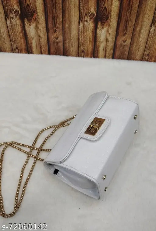 White clutch with gold zip, multiple pockets, leather material