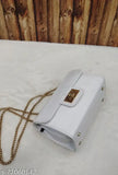 White clutch with gold zip, multiple pockets, leather material
