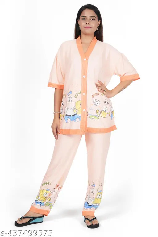 Cotton blend printed women's night suit set, perfect for lounging and cozy sleep, Indian origin