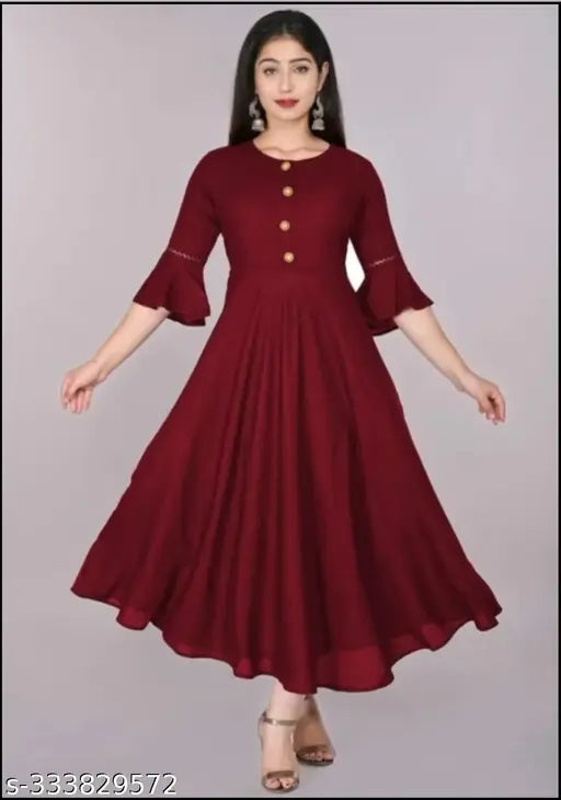 Maroon rayon flared Anarkali kurti, three-quarter sleeves, trendy ethnic wear for women