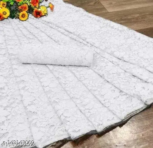 White Brasso Net saree with embroidered running blouse, free size, Indian origin