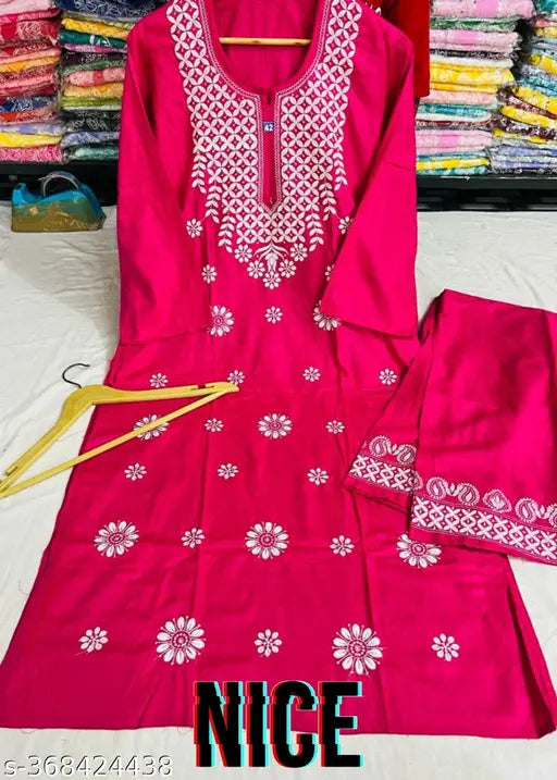 Elegant red Chikankari rayon embroidered kurta with palazzos, size L, for women's fashion