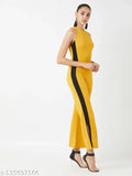Multicolor polyester jumpsuit with mustard and black knitted side panels, halter neck, sleeveless style. Made in India