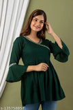 Dark green rayon bell sleeve top with embroidered net detail, ideal for women's casual wear